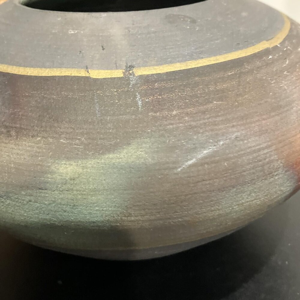 MICHAEL WEINBERG Raku Studio Art Pottery Bowl Vase Blue Red Gold Signed - Picture 9 of 9